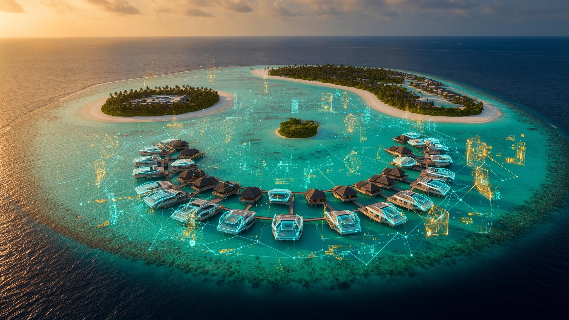 Aerial view of Maldives islands with AI grid overlays